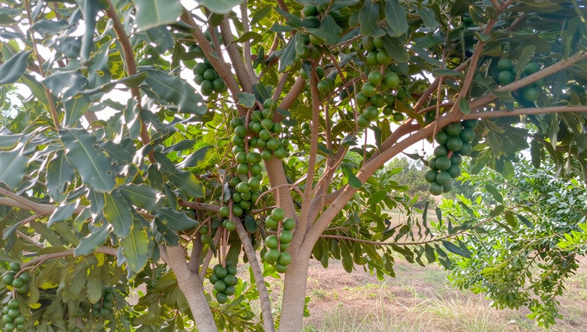 Macadamia tree full view with nuts